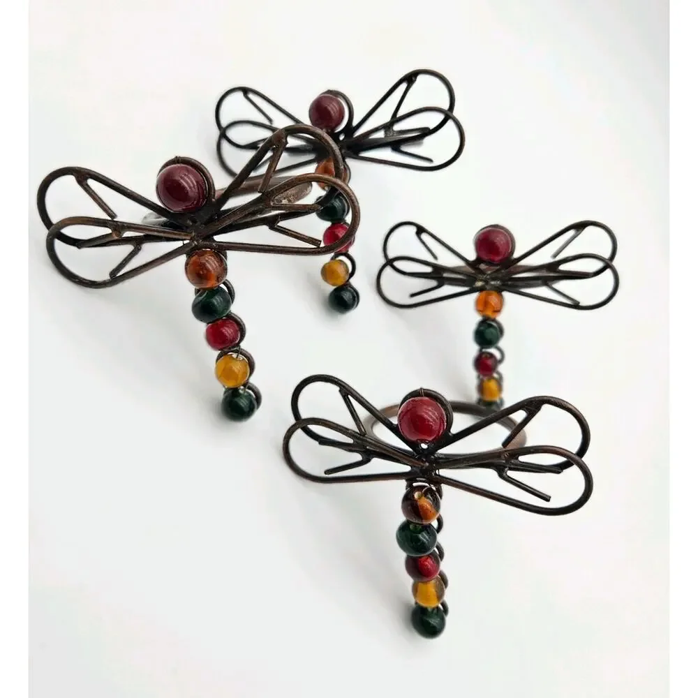 4pc Vintage Dragonfly Beaded Napkin Rings Metal & Beaded Red Amber Green